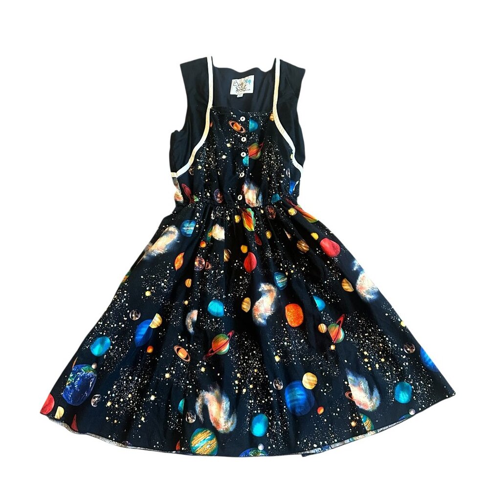 Modcloth Black Space Print Fit-and-Flare Dress with Colorful Planets
